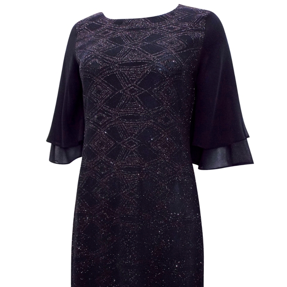 BLACK Glitter Frill Sleeves Knee Length Petite Dress - Picture 5 of 8